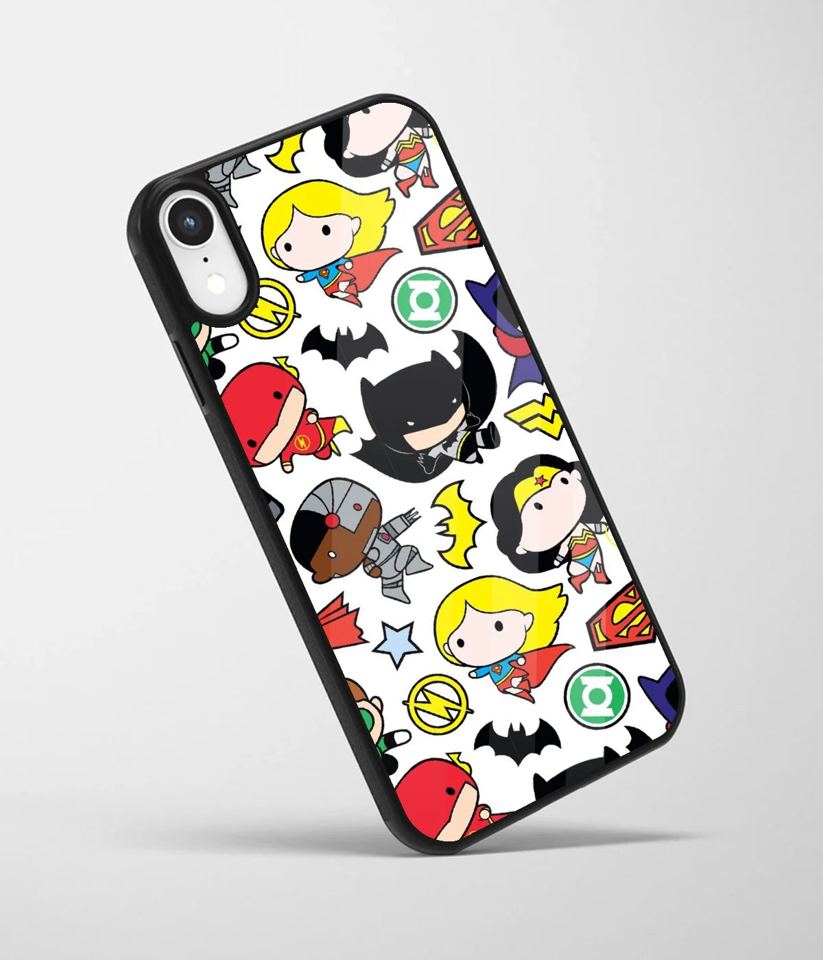 An angled view of a glass phone case featuring a vibrant design.