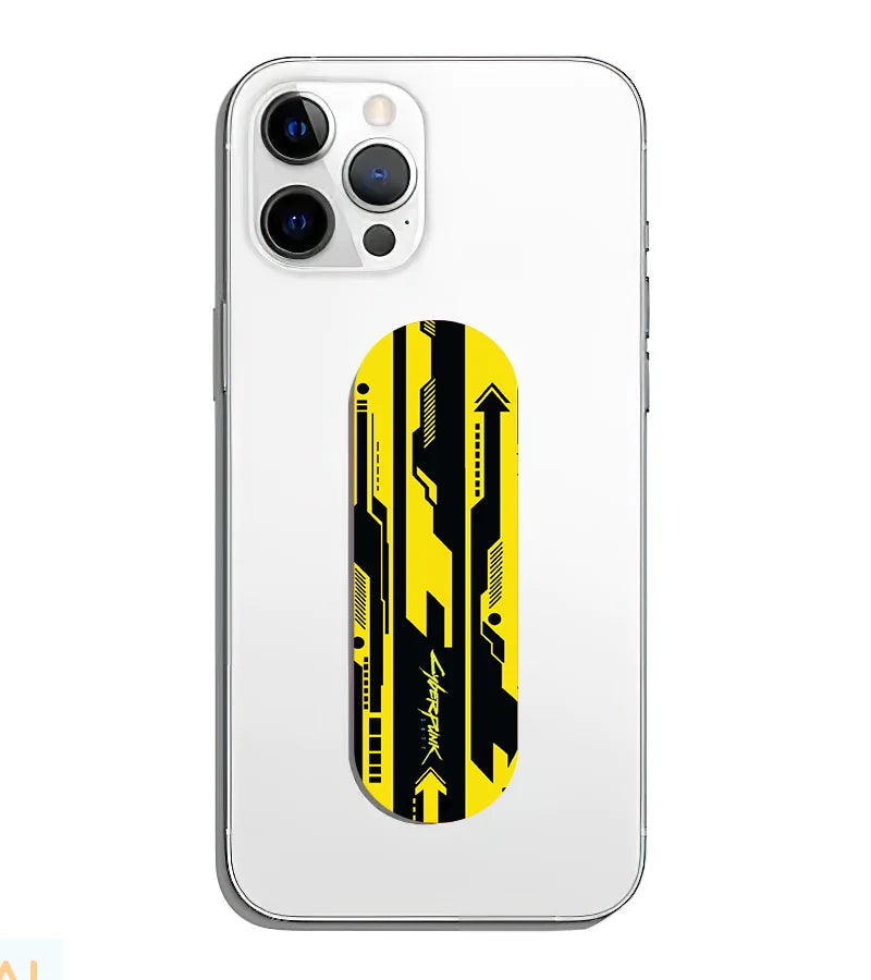 A phone grip slider applied to the back of a smartphone.