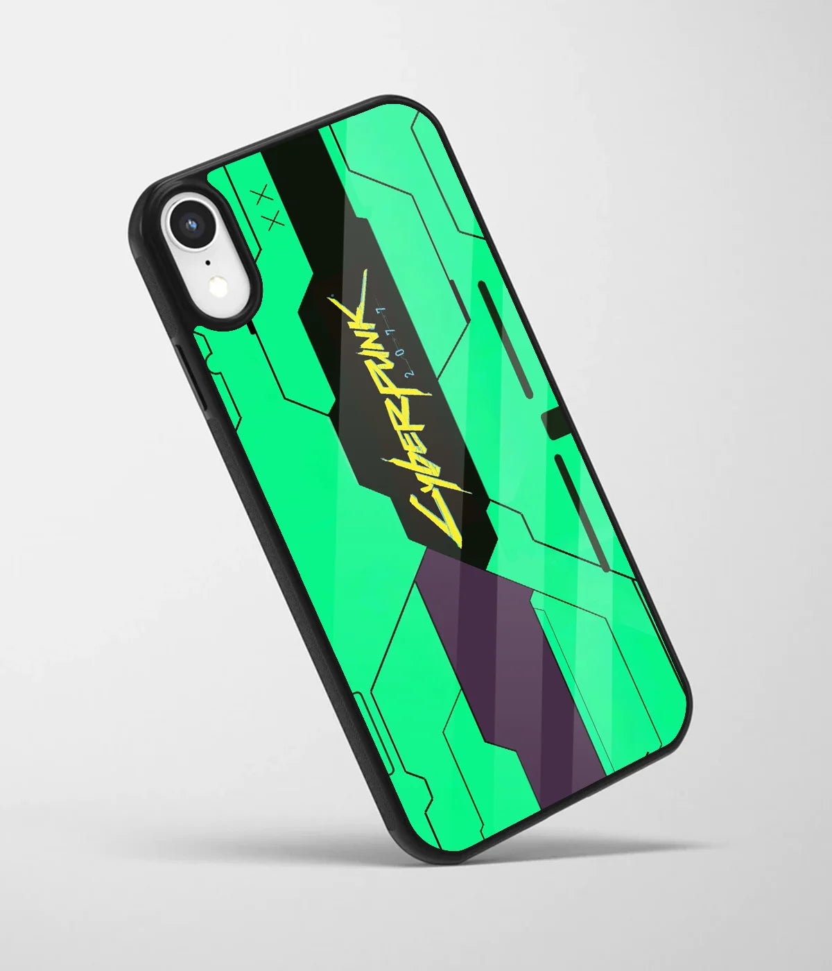 An angled view of a glass phone case featuring a vibrant design.