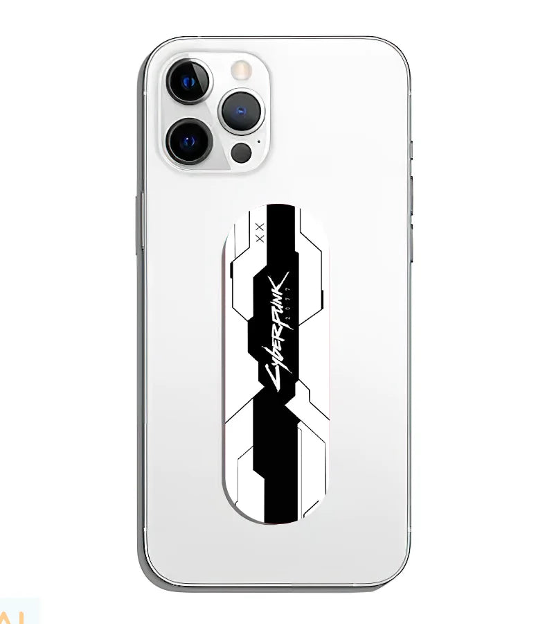 A phone grip slider applied to the back of a smartphone.