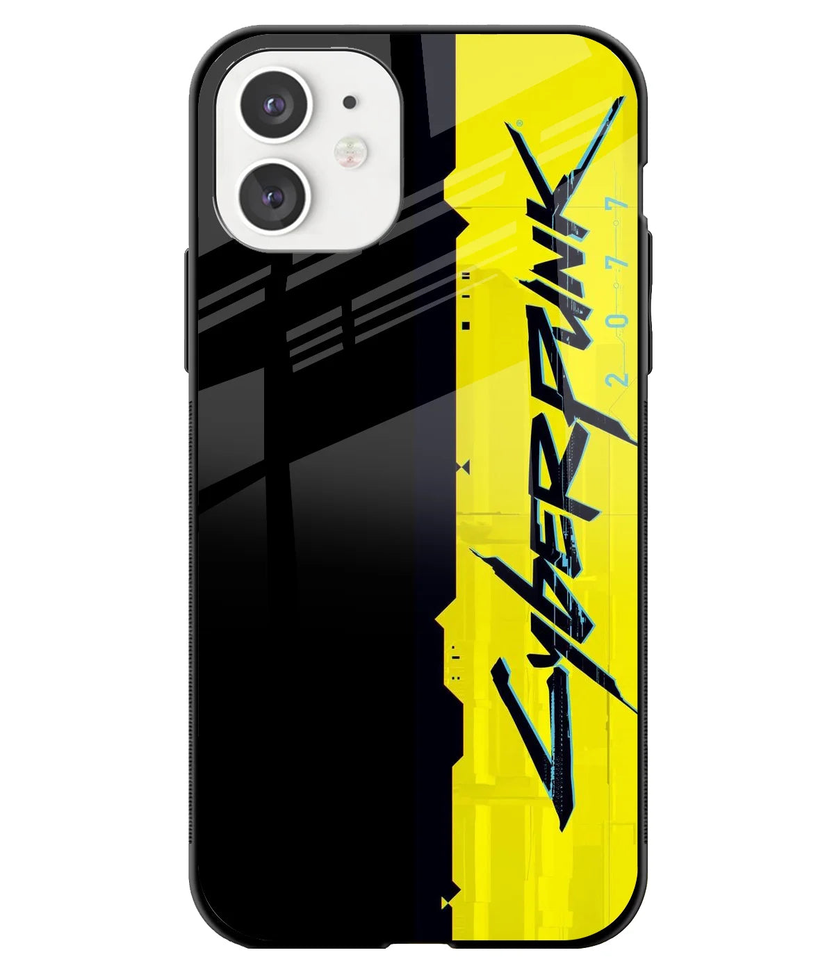 A front-on view of a glass phone case with a colorful design.