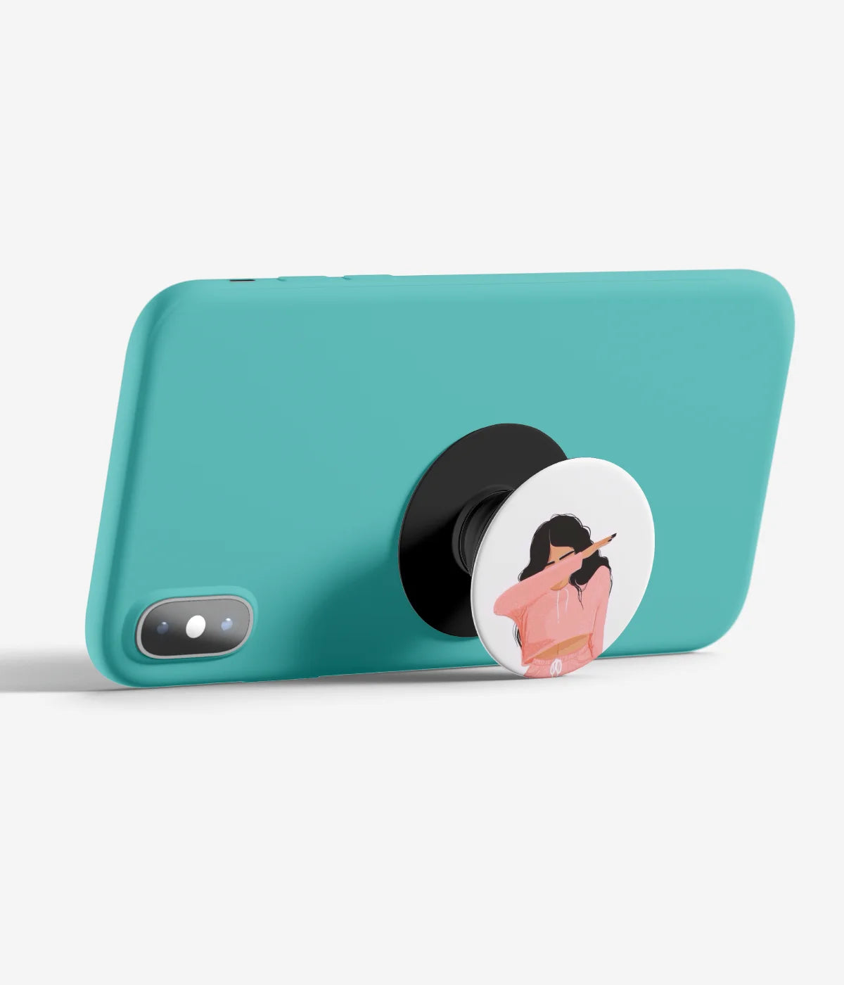 An image demonstrating how to use the phone grip as a stand to hold a mobile phone in landscape mode for hands-free viewing