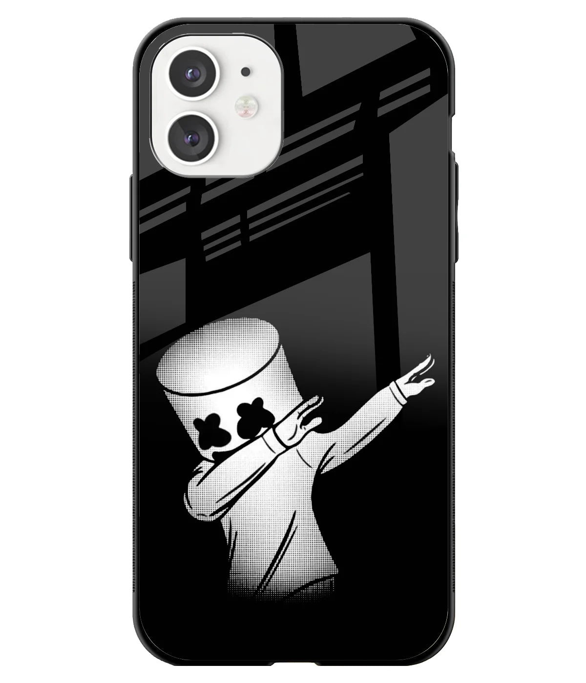 A front-on view of a glass phone case with a colorful design.