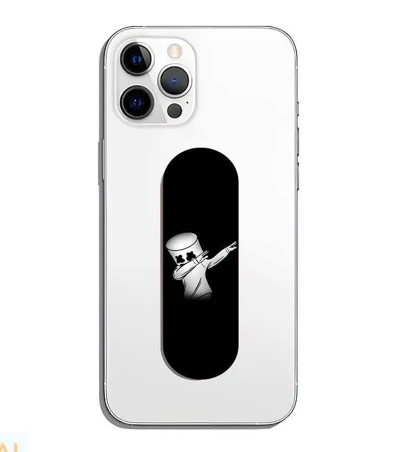 A phone grip slider applied to the back of a smartphone.