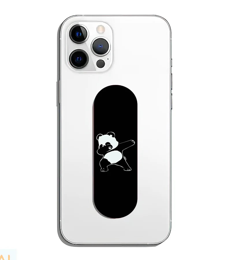 A phone grip slider applied to the back of a smartphone.
