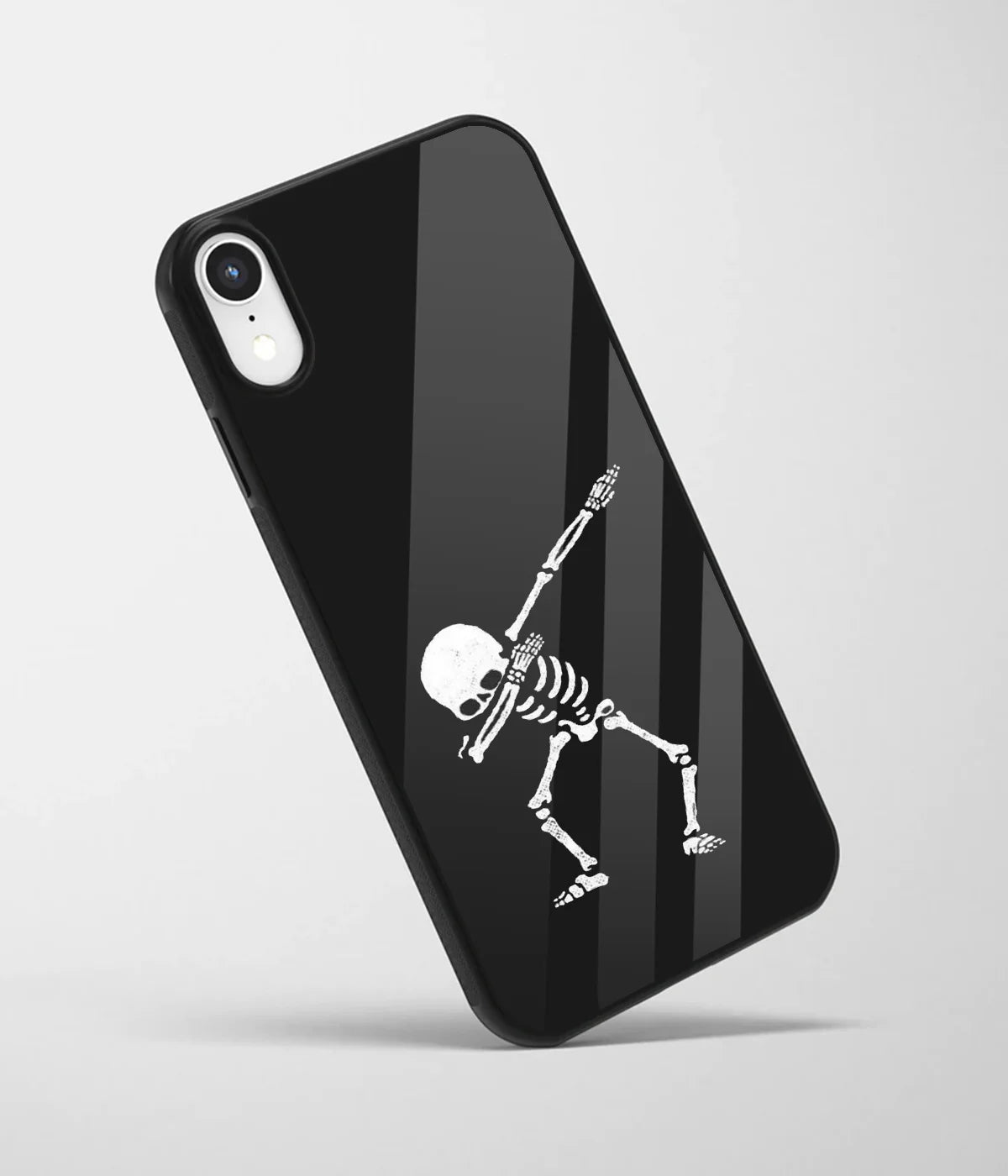 An angled view of a glass phone case featuring a vibrant design.