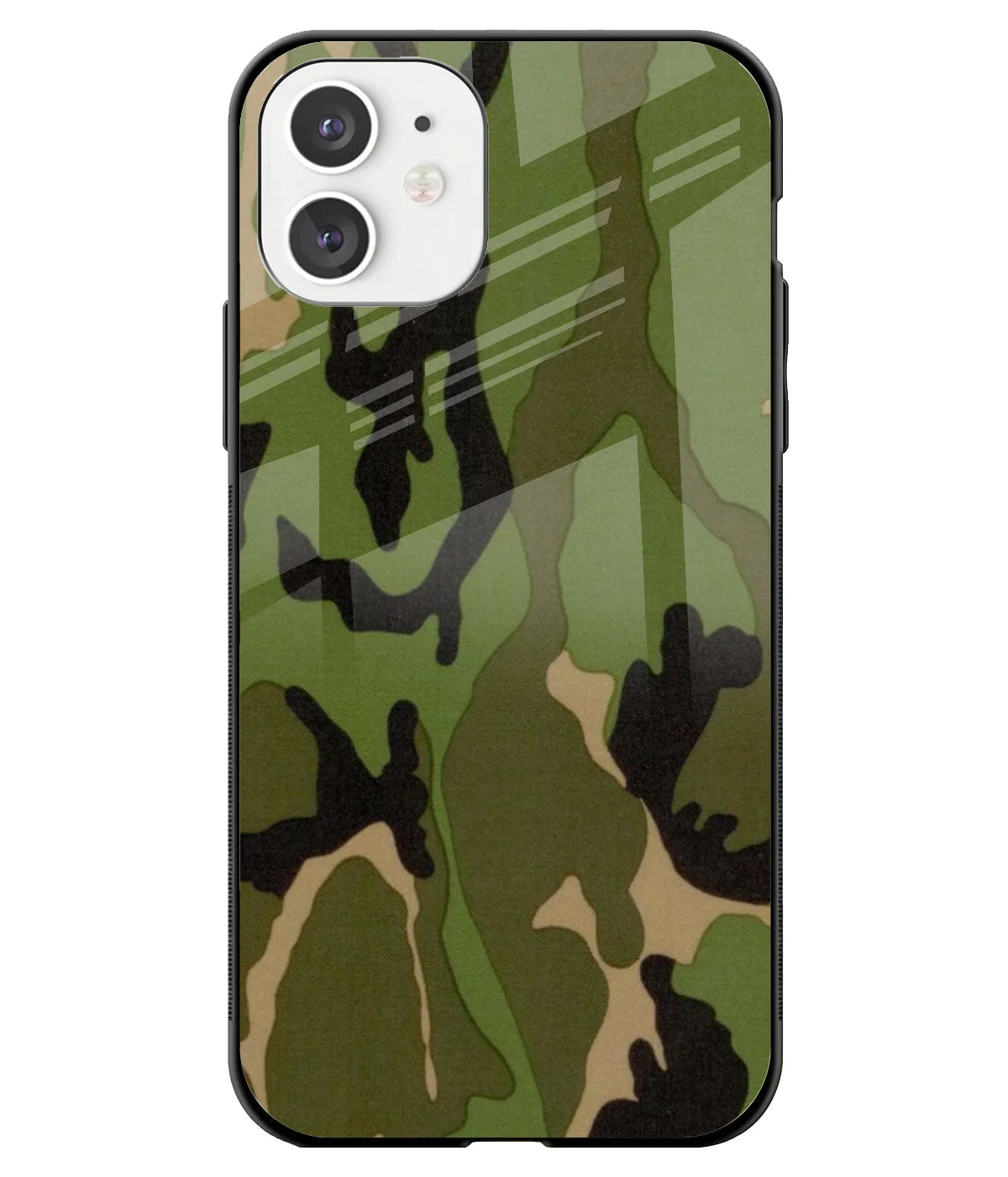 A front-on view of a glass phone case with a colorful design.