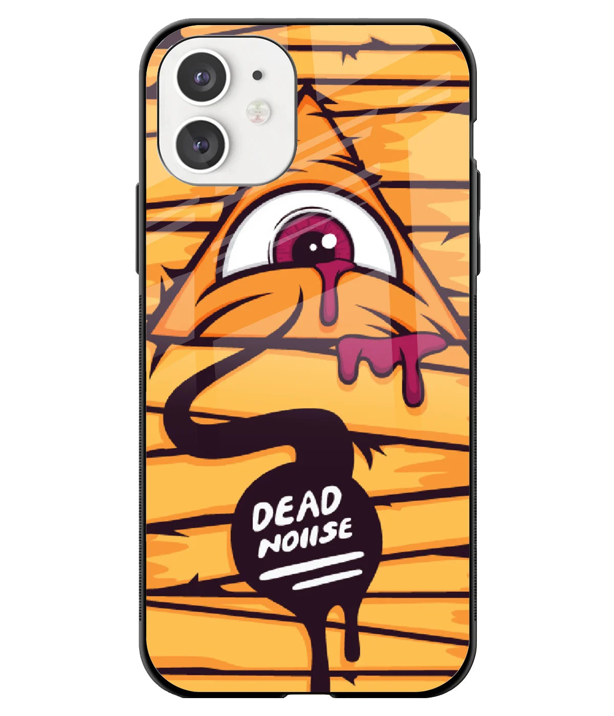 A front-on view of a glass phone case with a colorful design.