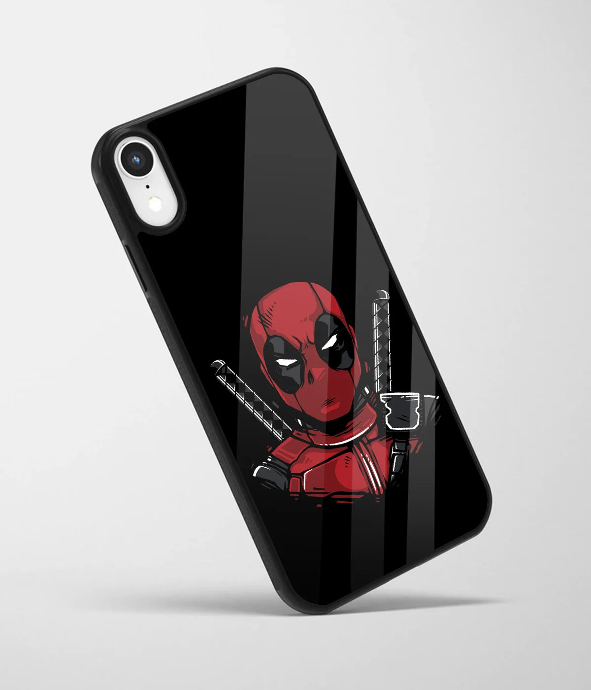 An angled view of a glass phone case featuring a vibrant design.