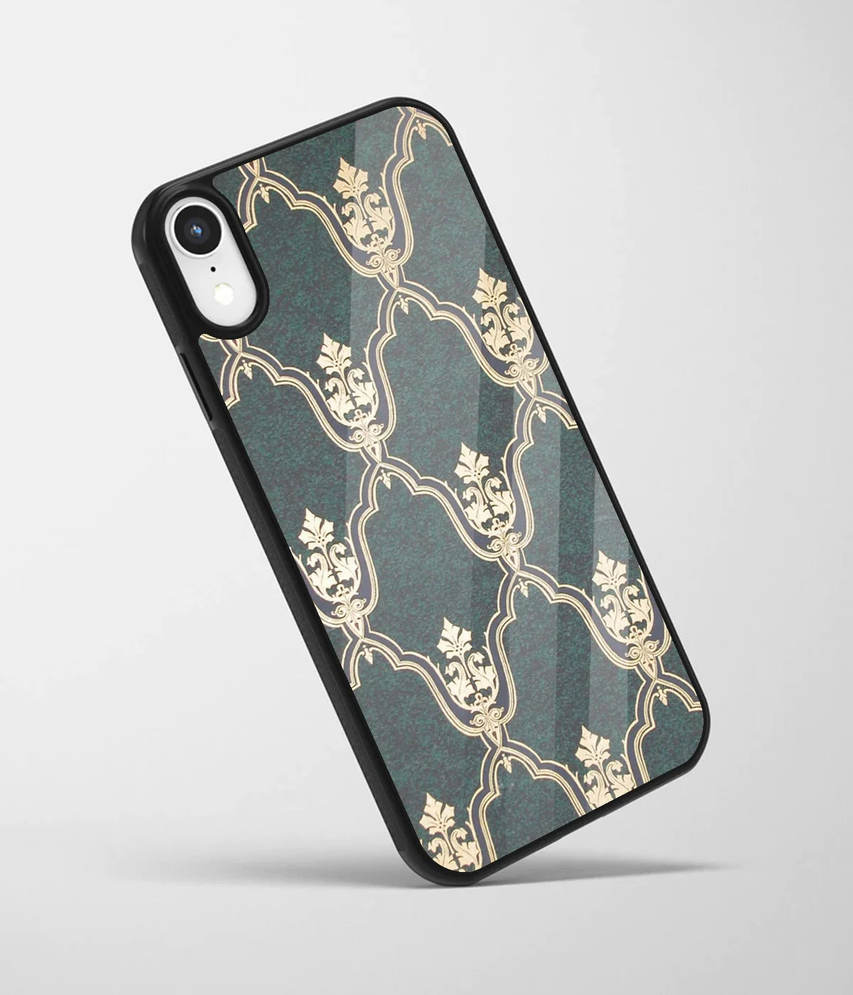 An angled view of a glass phone case featuring a vibrant design.