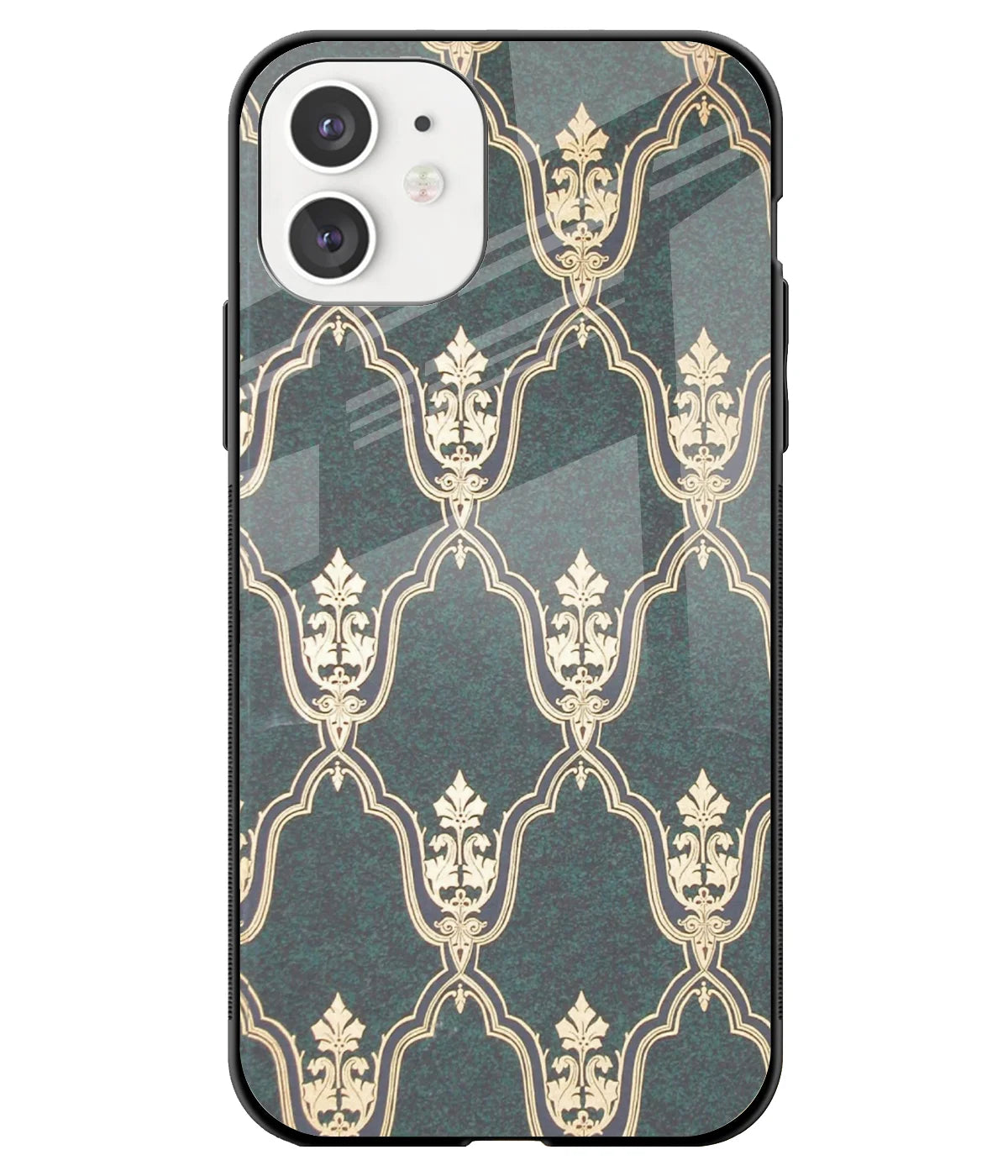 A front-on view of a glass phone case with a colorful design.