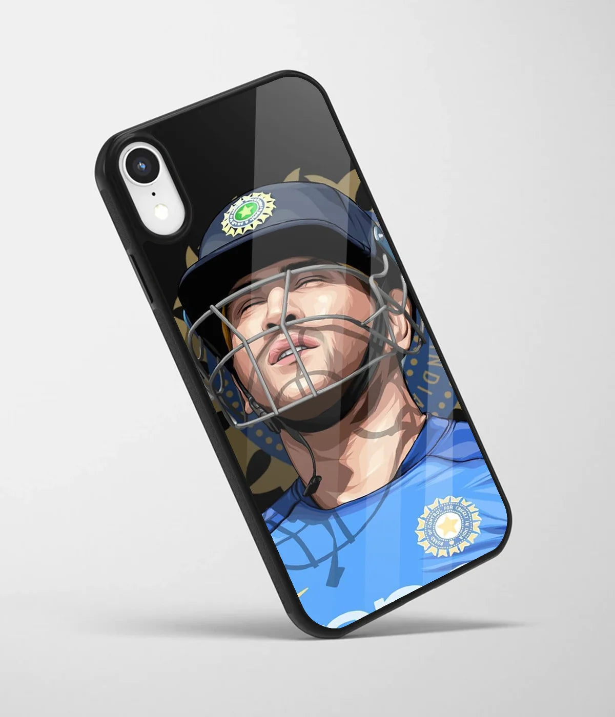 An angled view of a glass phone case featuring a vibrant design.