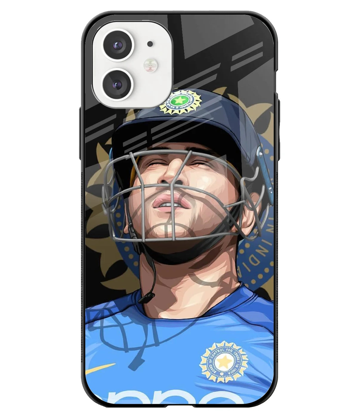 A front-on view of a glass phone case with a colorful design.