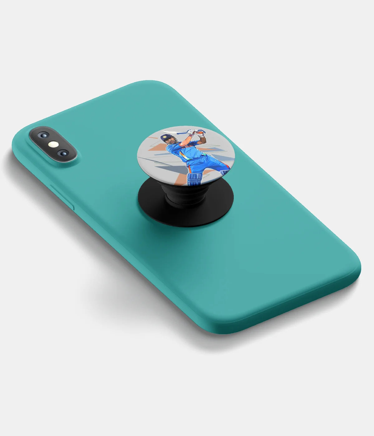 A top-down view of a phone grip holder attached to a mobile phone case on a white background