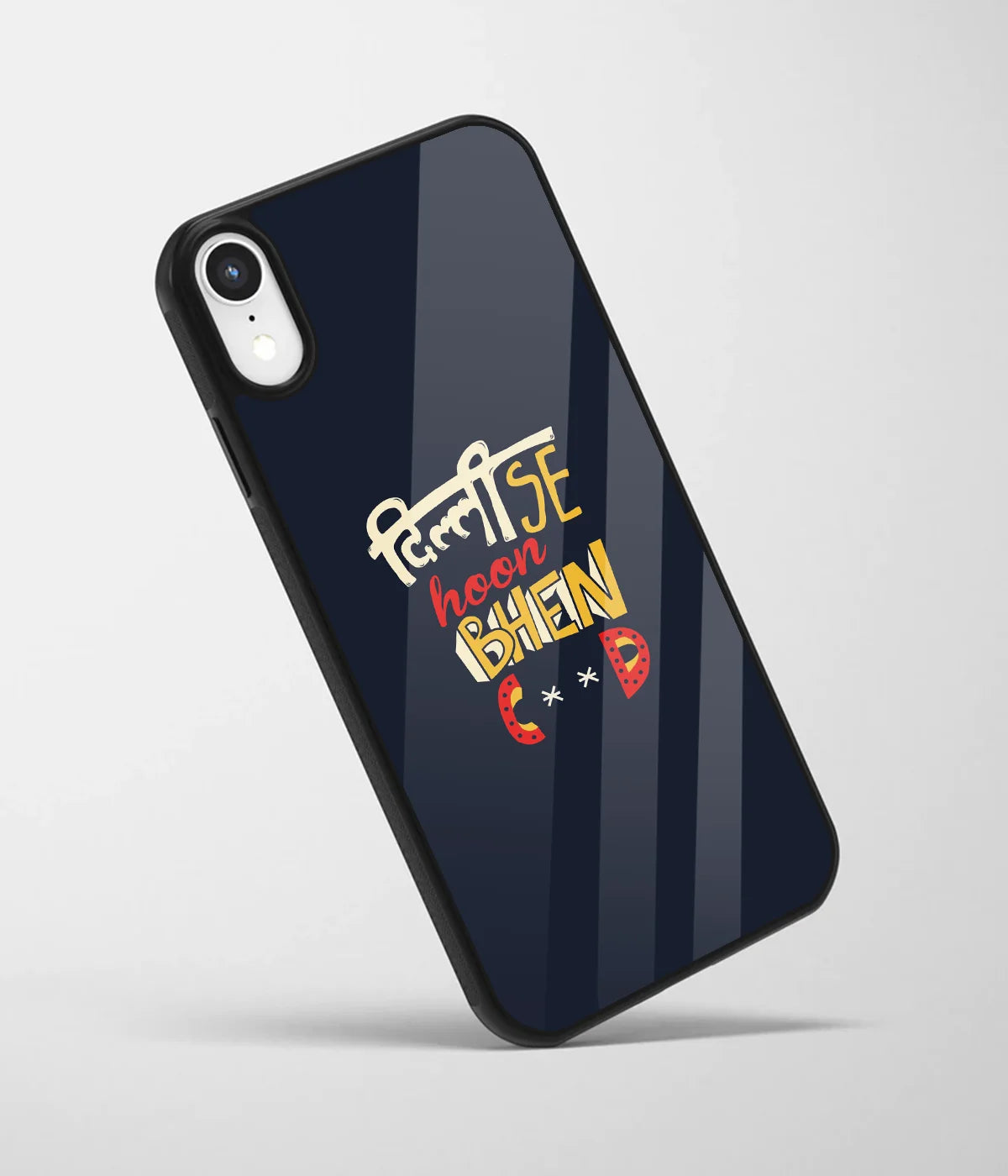 An angled view of a glass phone case featuring a vibrant design.