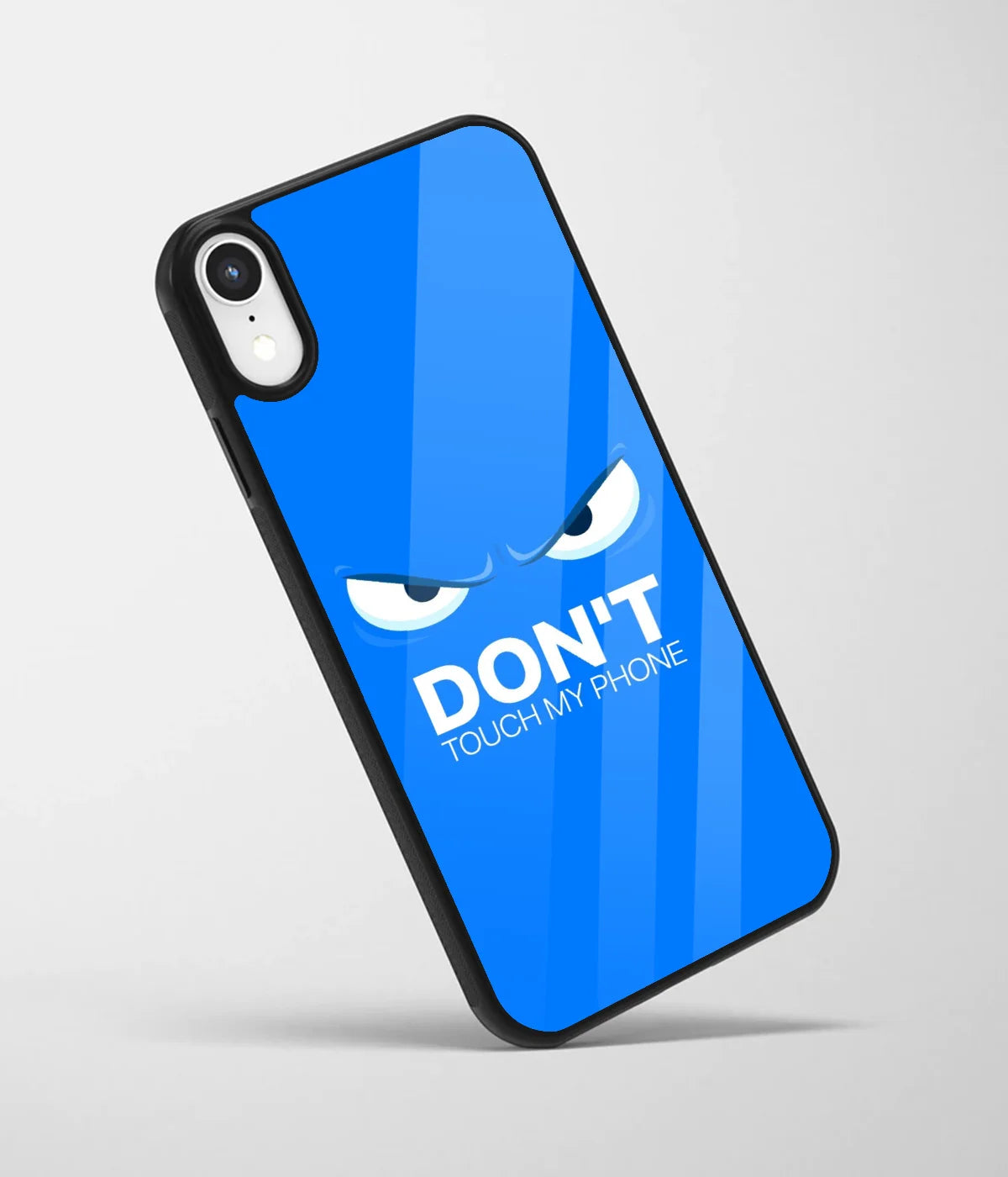 An angled view of a glass phone case featuring a vibrant design.