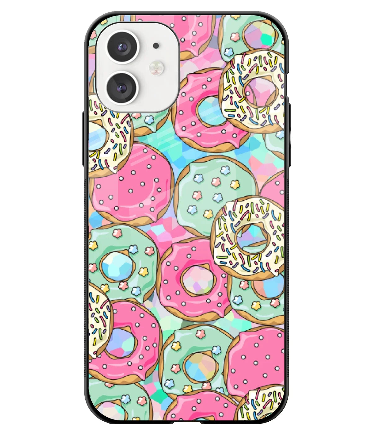 A front-on view of a glass phone case with a colorful design.