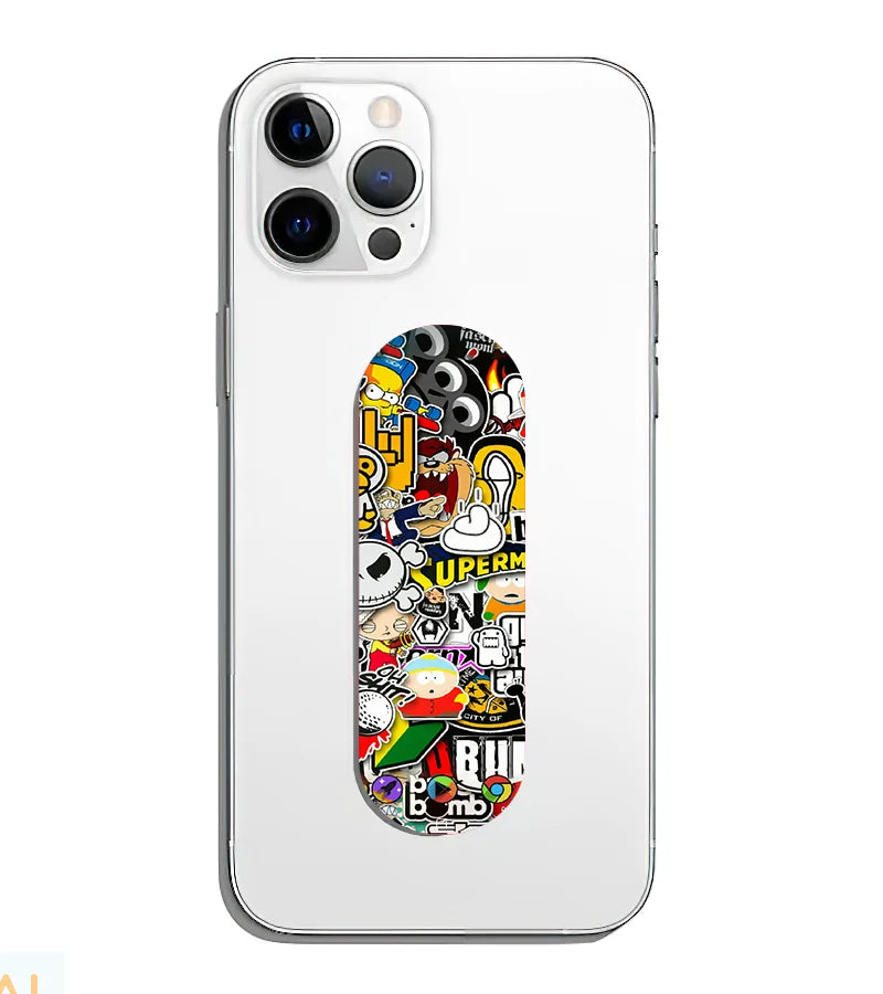 A phone grip slider applied to the back of a smartphone.