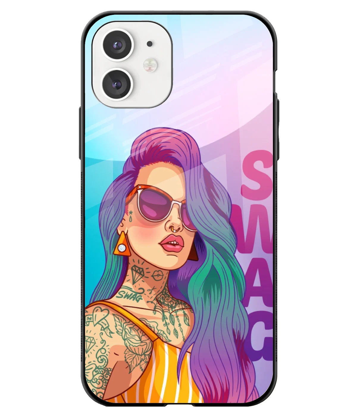 A front-on view of a glass phone case with a colorful design.