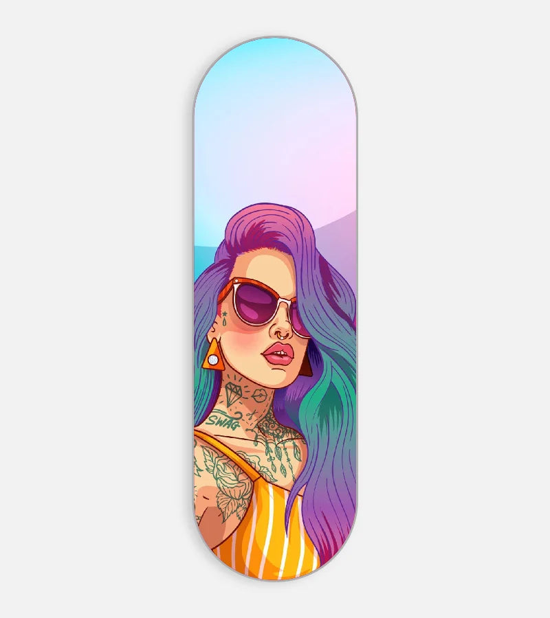 Mobile phone grip slider with a colorful design on a white background