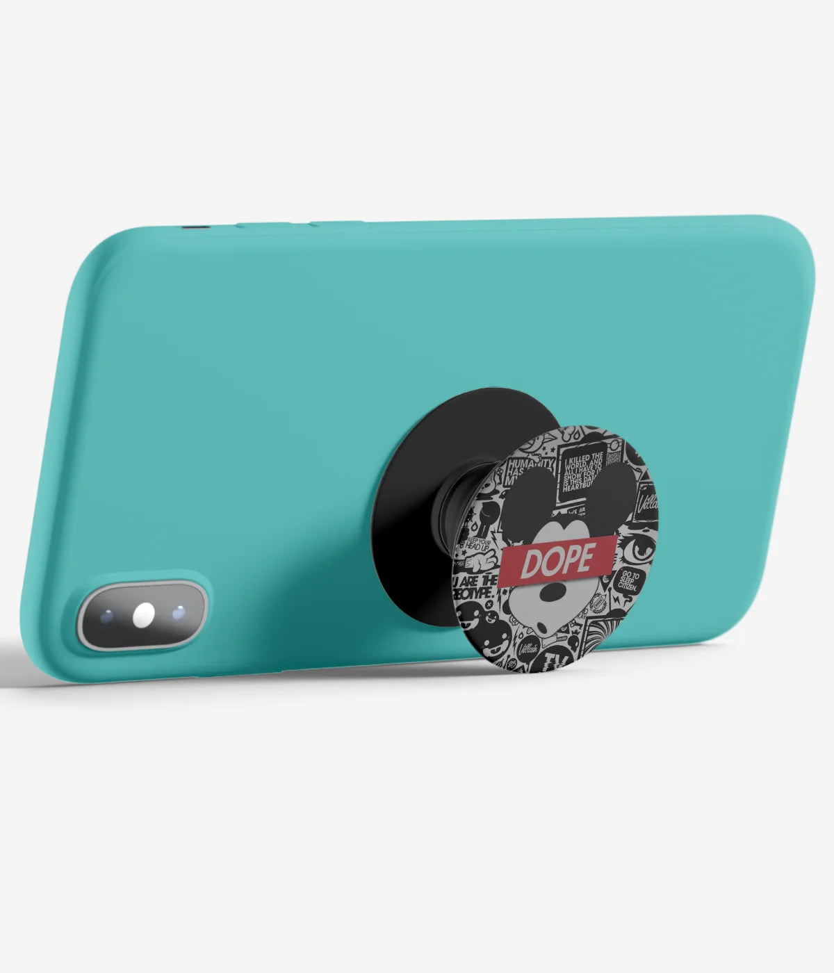 An image demonstrating how to use the phone grip as a stand to hold a mobile phone in landscape mode for hands-free viewing