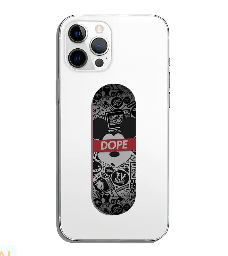 A phone grip slider applied to the back of a smartphone.