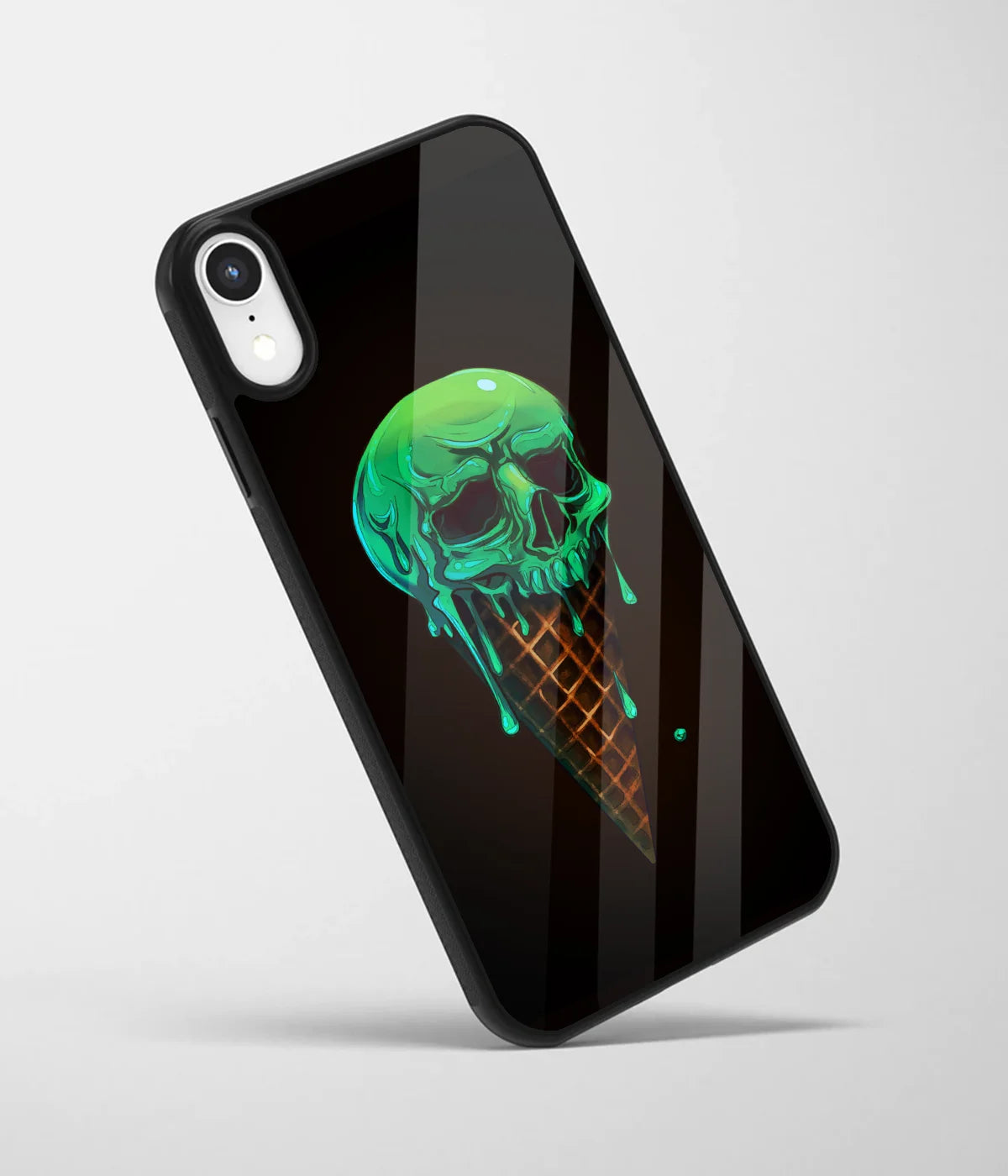 An angled view of a glass phone case featuring a vibrant design.