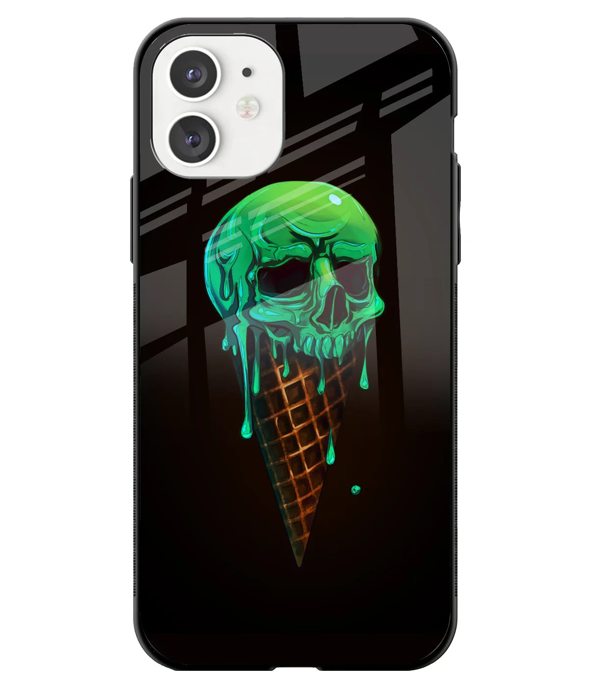 A front-on view of a glass phone case with a colorful design.