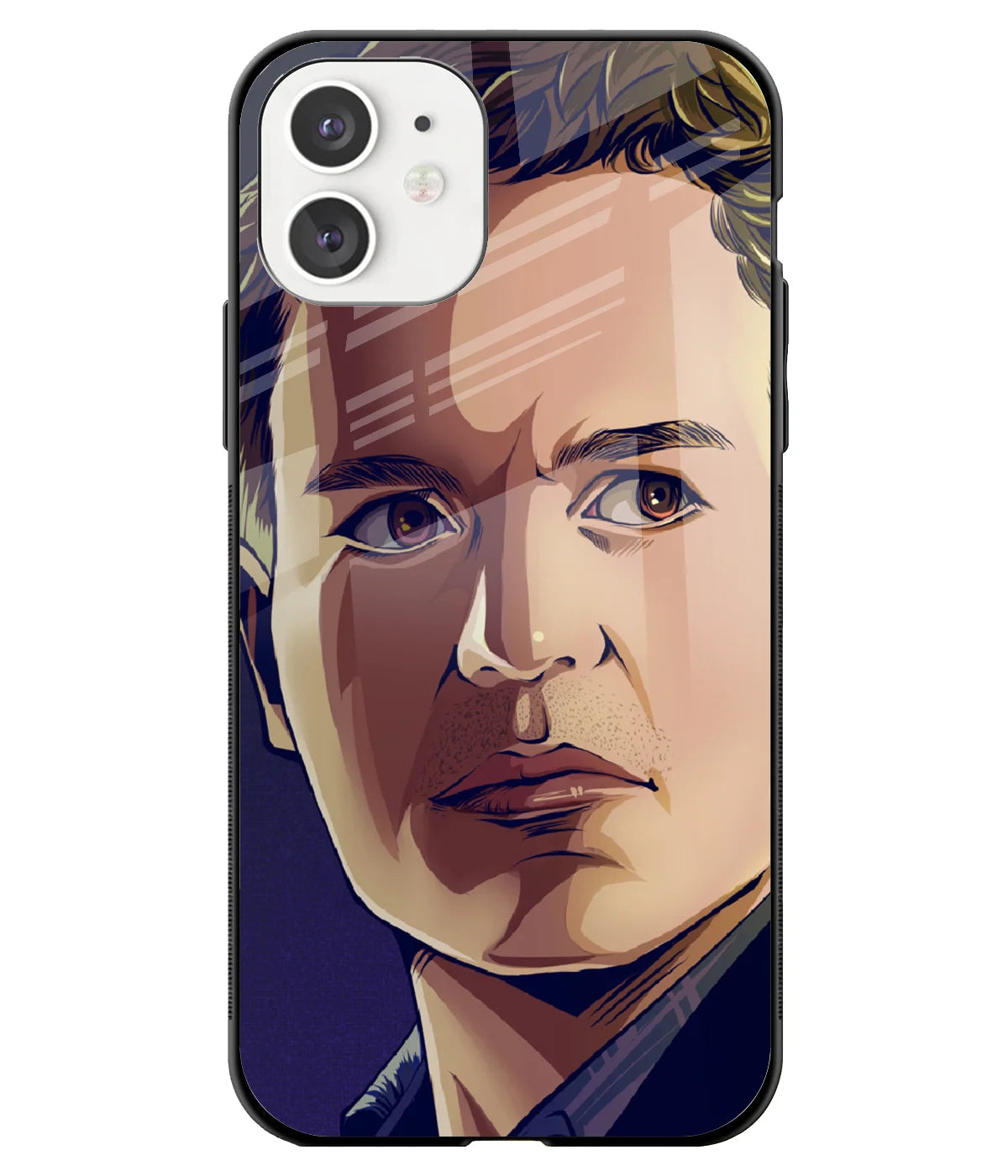 A front-on view of a glass phone case with a colorful design.