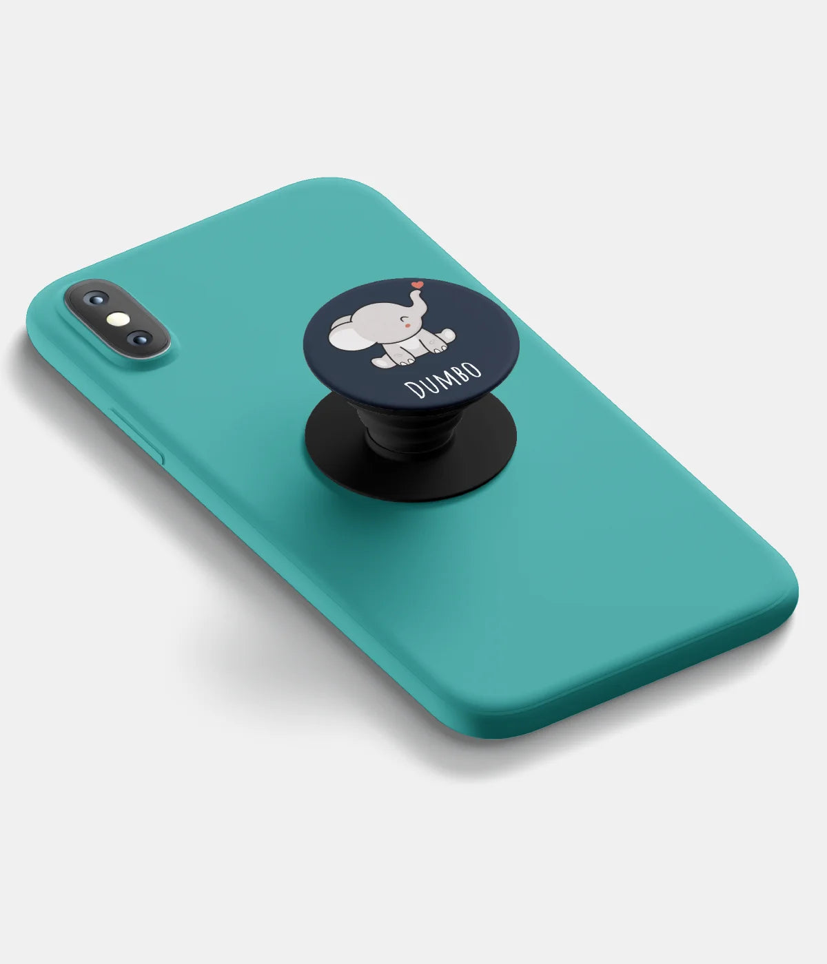 A top-down view of a phone grip holder attached to a mobile phone case on a white background