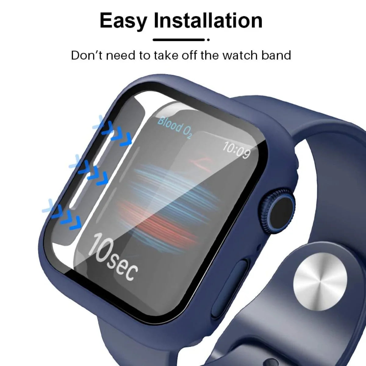 Visual guide illustrating the easy installation of the clear Apple Watch case, highlighting the snap-on design.