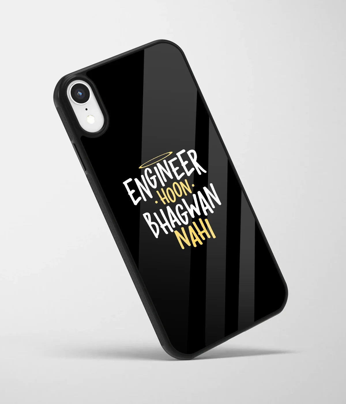 An angled view of a glass phone case featuring a vibrant design.
