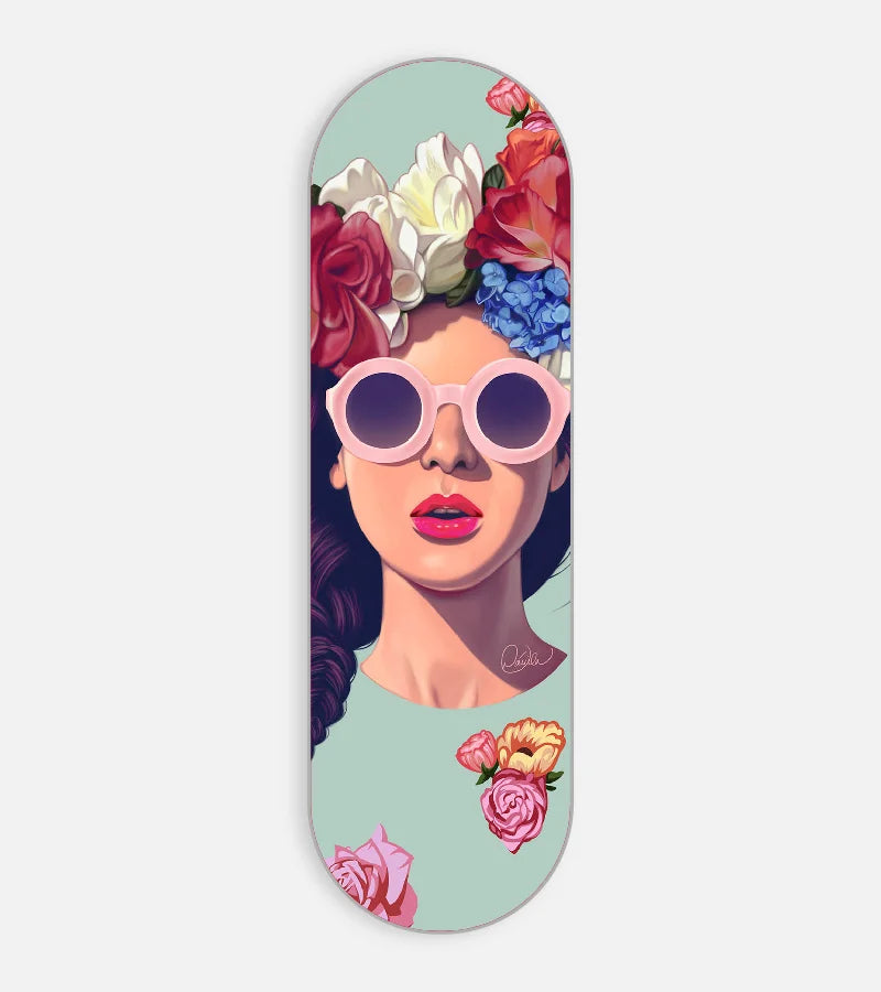 Mobile phone grip slider with a colorful design on a white background