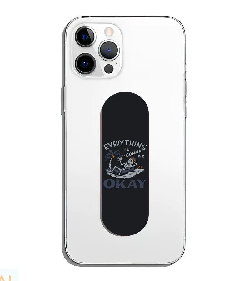 A phone grip slider applied to the back of a smartphone.