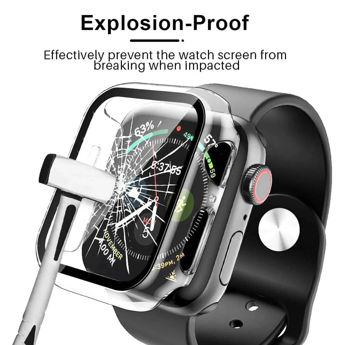 Graphic demonstrating the explosion-proof durability of the clear Apple Watch case.