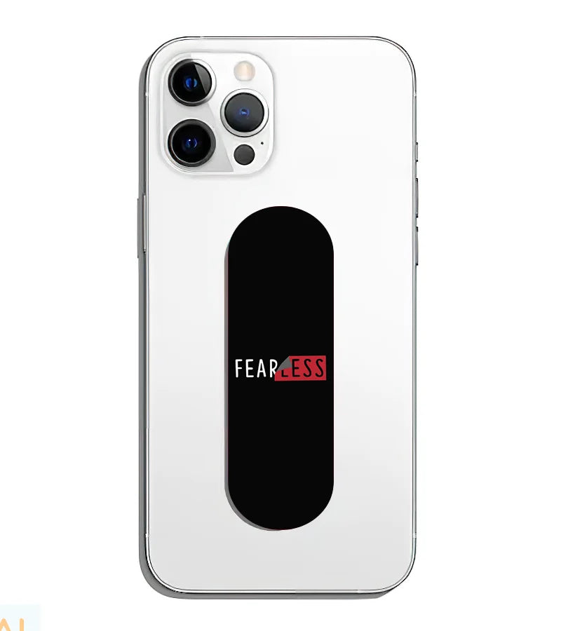 A phone grip slider applied to the back of a smartphone.