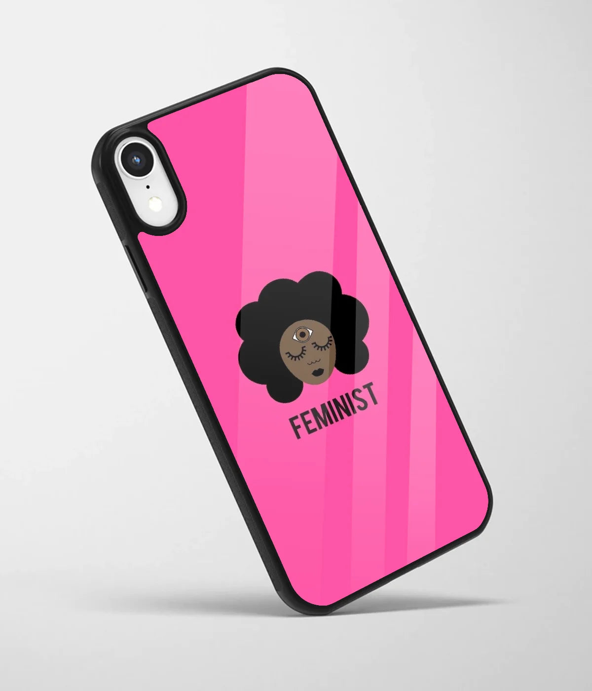 An angled view of a glass phone case featuring a vibrant design.
