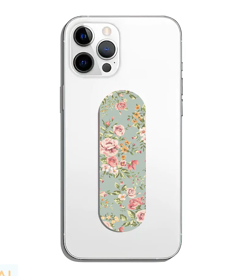 A phone grip slider applied to the back of a smartphone.