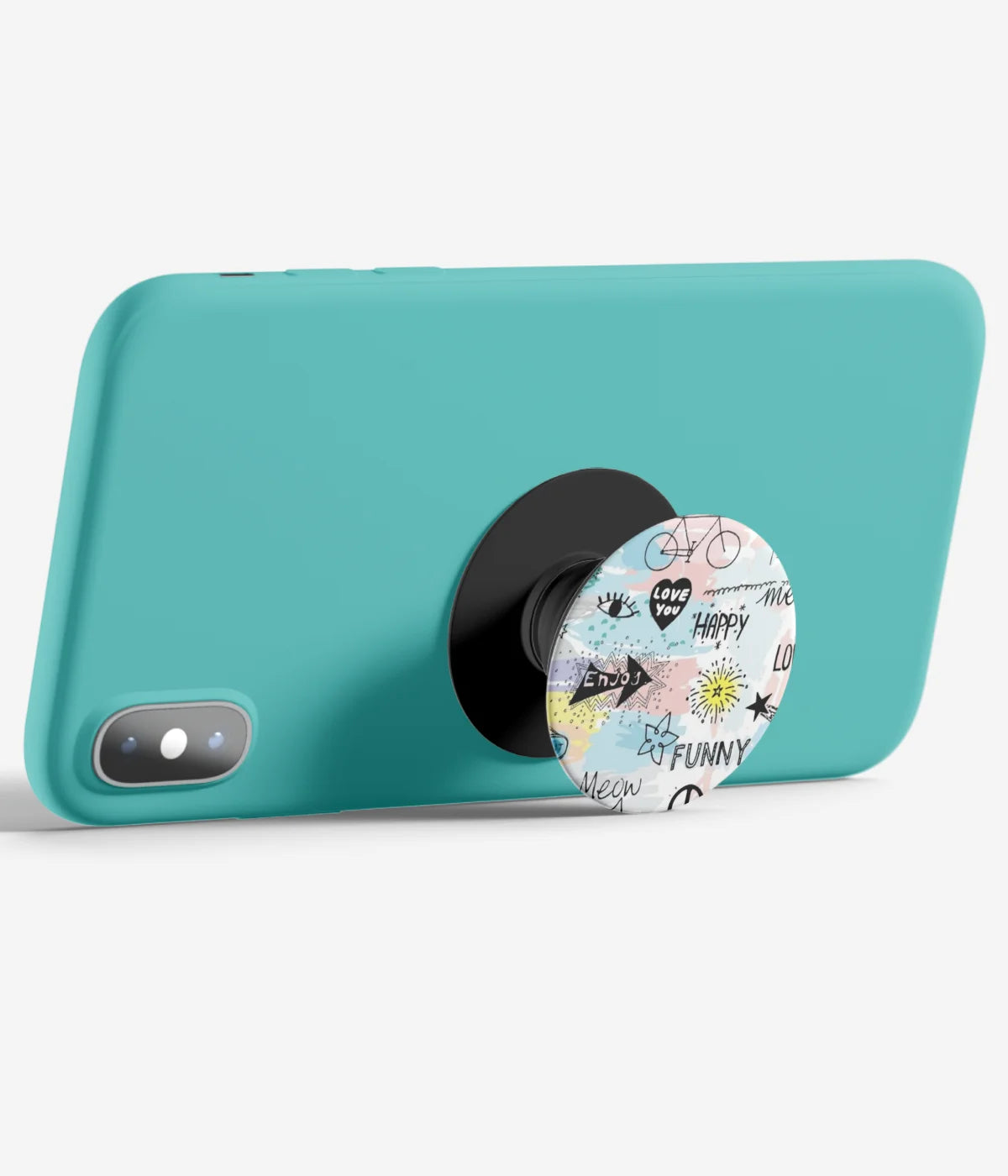 An image demonstrating how to use the phone grip as a stand to hold a mobile phone in landscape mode for hands-free viewing