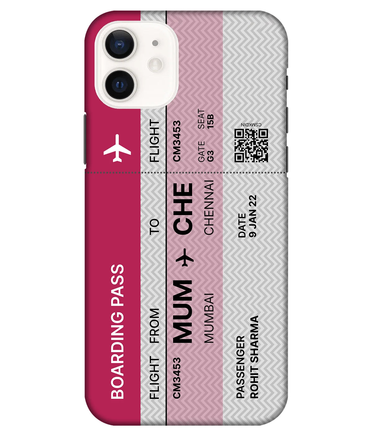 A product shot of a slim hard case with a customizable name in pink color.