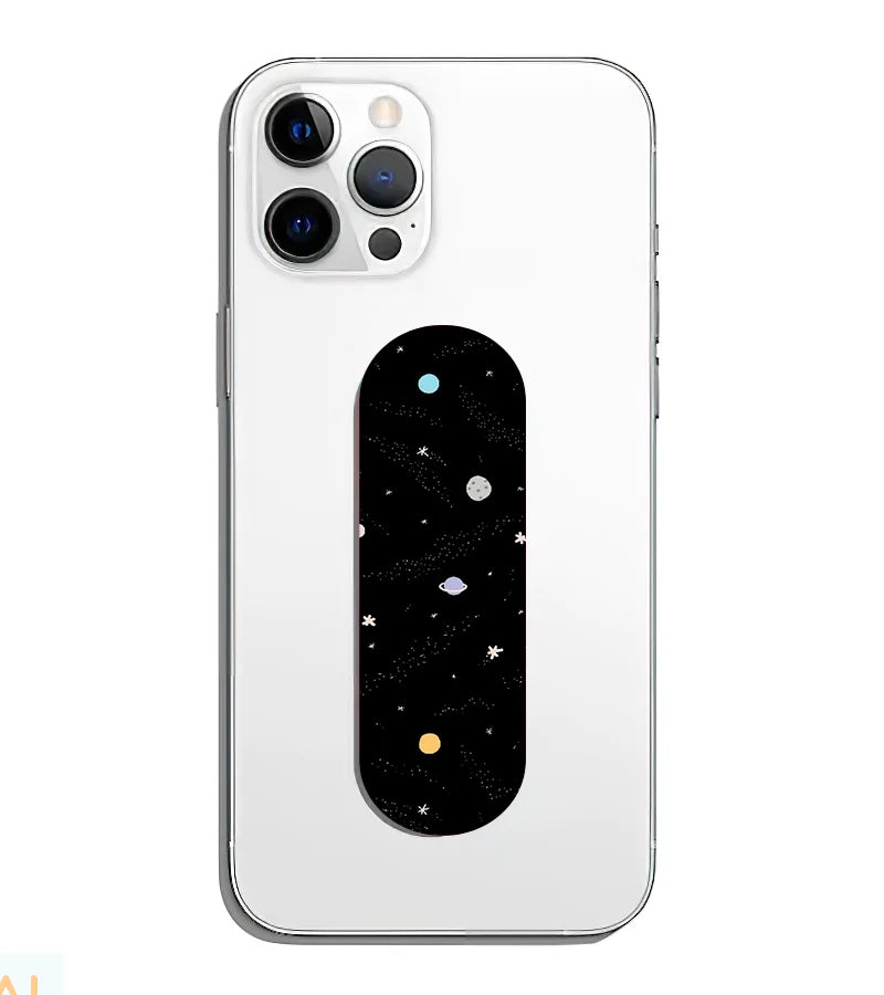 A phone grip slider applied to the back of a smartphone.