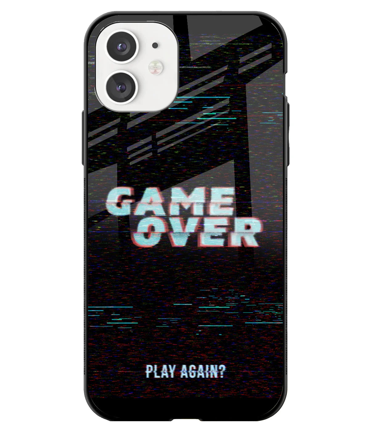 A front-on view of a glass phone case with a colorful design.