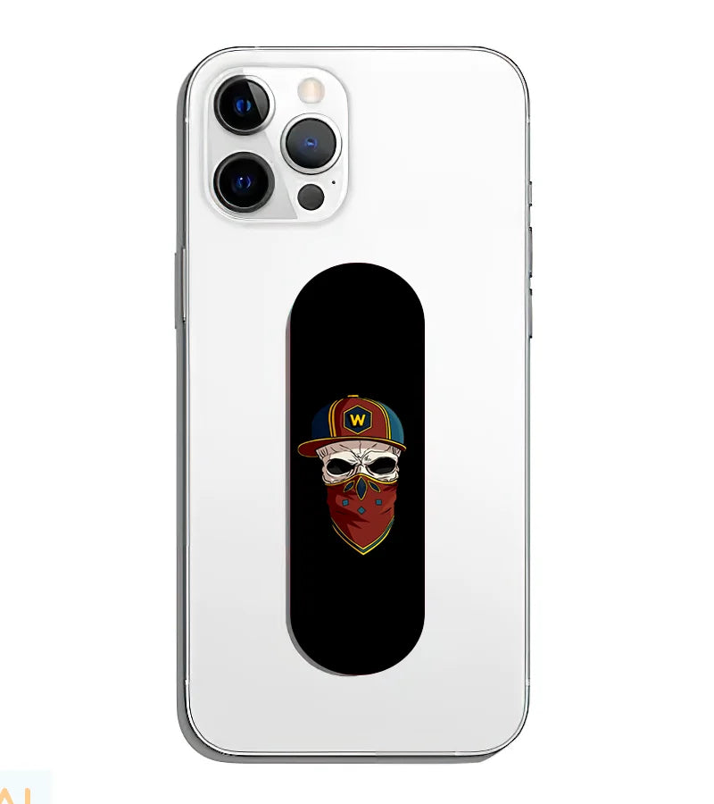A phone grip slider applied to the back of a smartphone.