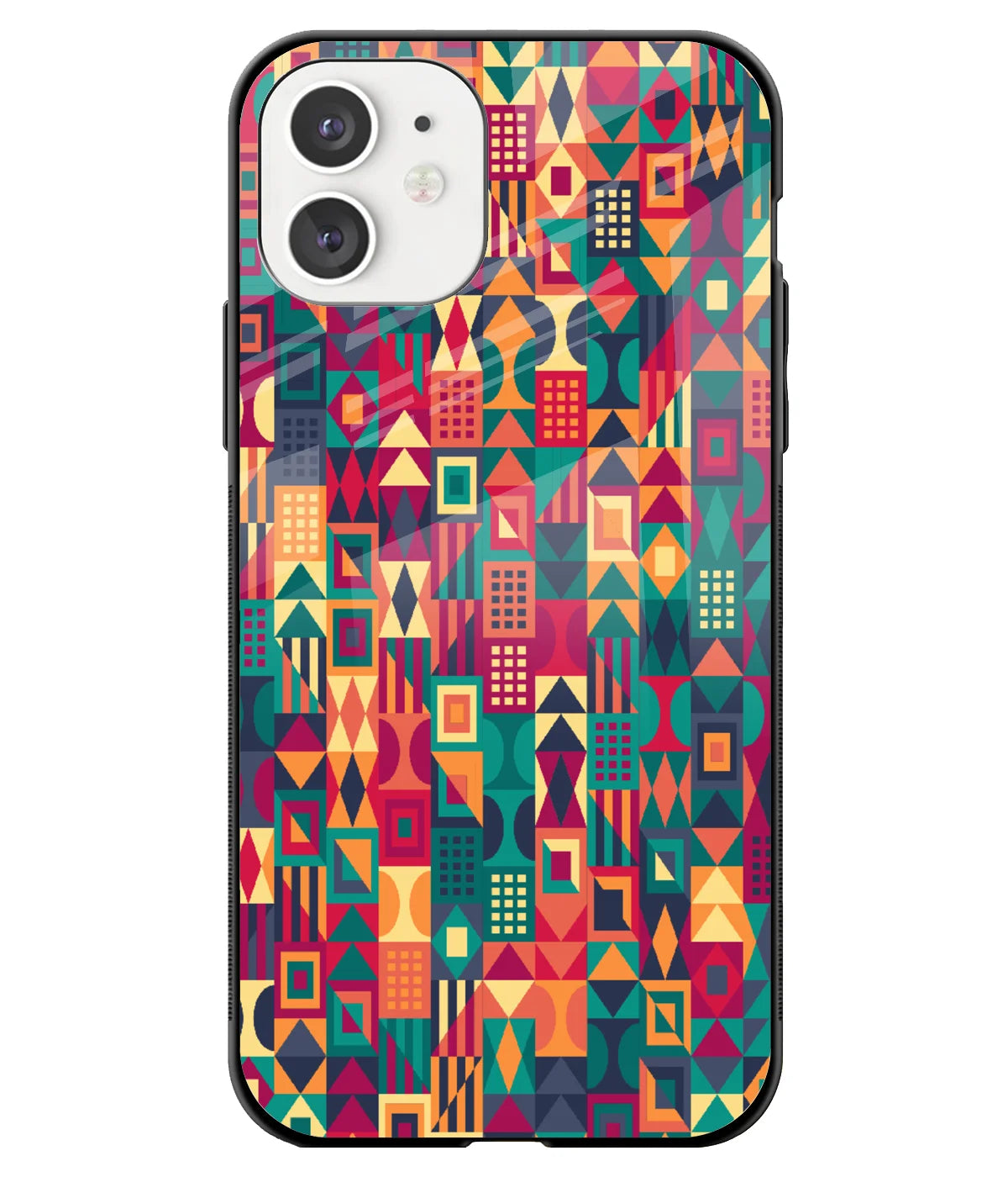 A front-on view of a glass phone case with a colorful design.