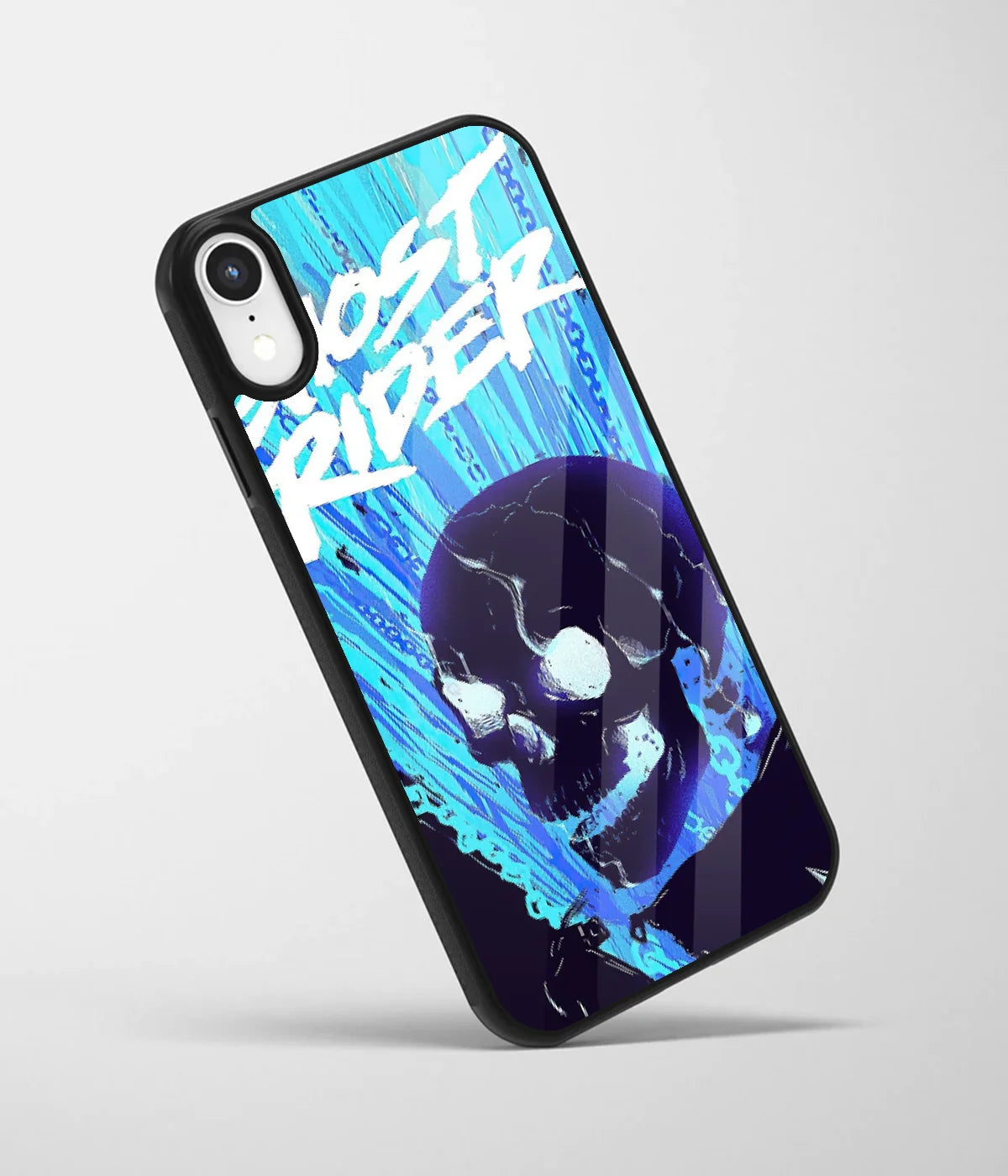 An angled view of a glass phone case featuring a vibrant design.