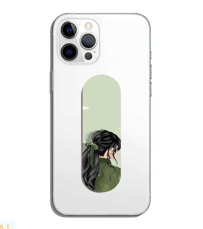 A phone grip slider applied to the back of a smartphone.