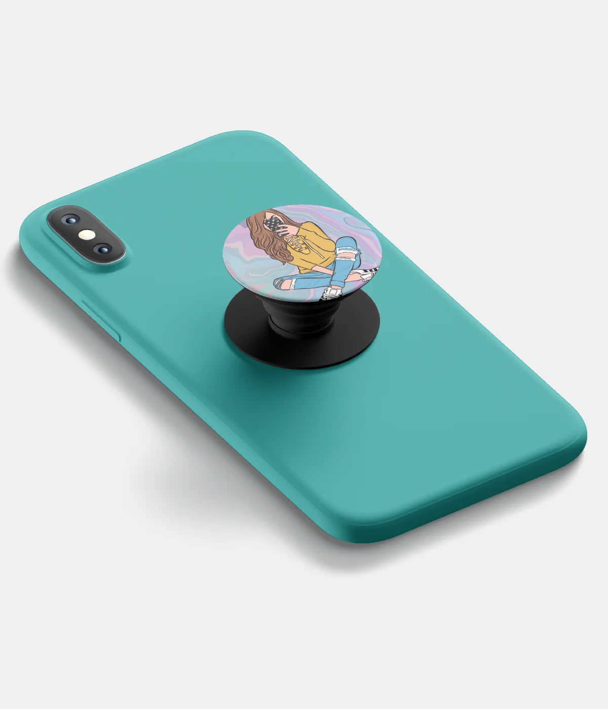 A top-down view of a phone grip holder attached to a mobile phone case on a white background