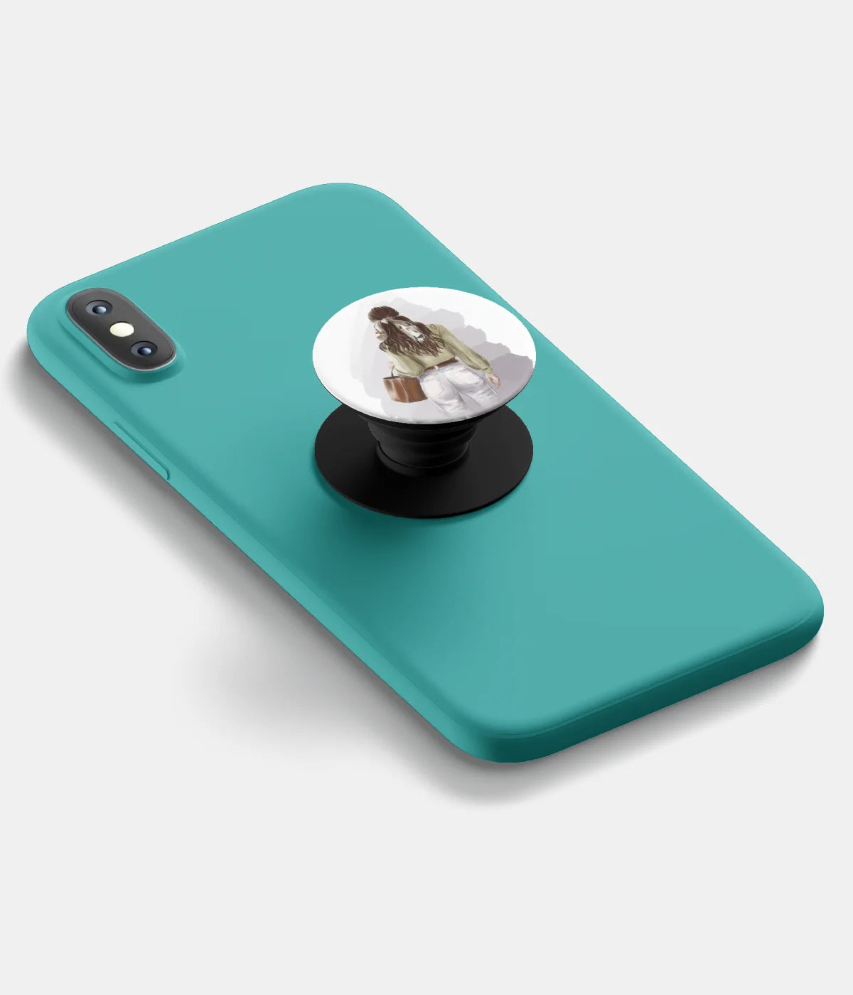 A top-down view of a phone grip holder attached to a mobile phone case on a white background