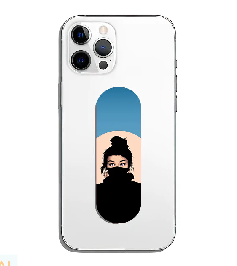 A phone grip slider applied to the back of a smartphone.