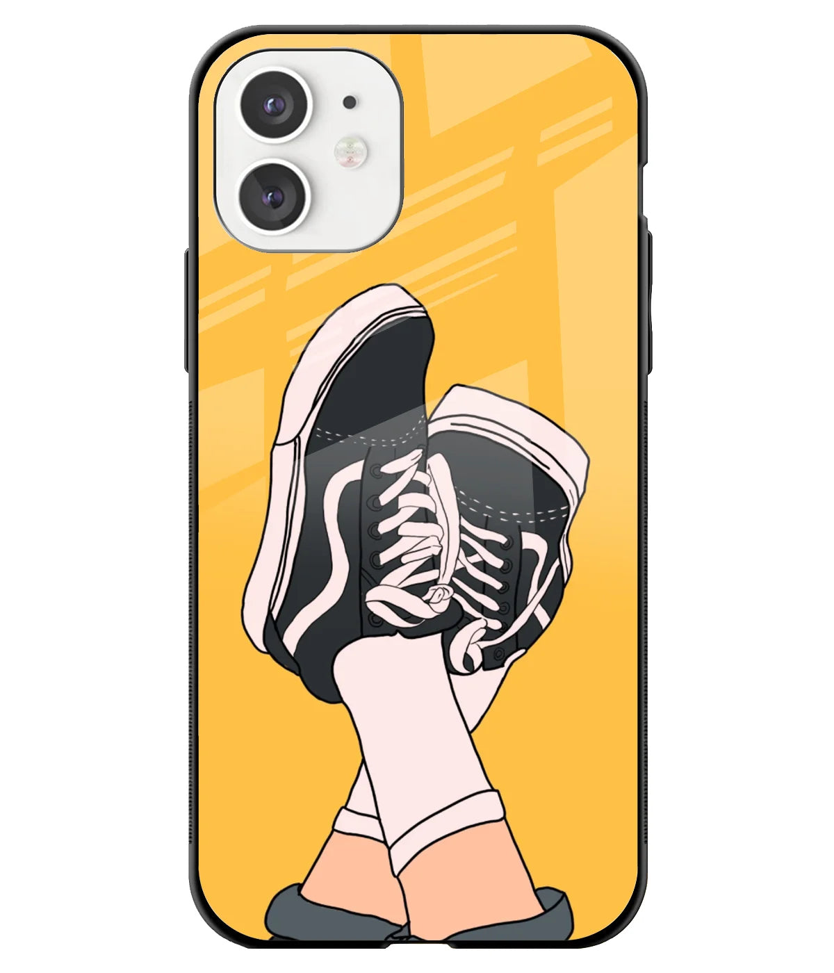 A front-on view of a glass phone case with a colorful design.